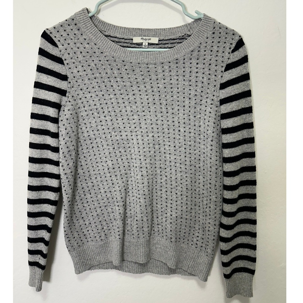 Madewell 1937 Gray Black Stripe Heart Dot Crewneck Sweater Size Small - Picture 2 of 5